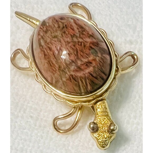 Vtg Krementz Gold-Turtle Brooch Pin Egyptian Revival Scarab 1.5" Unakite Brown - Picture 1 of 5